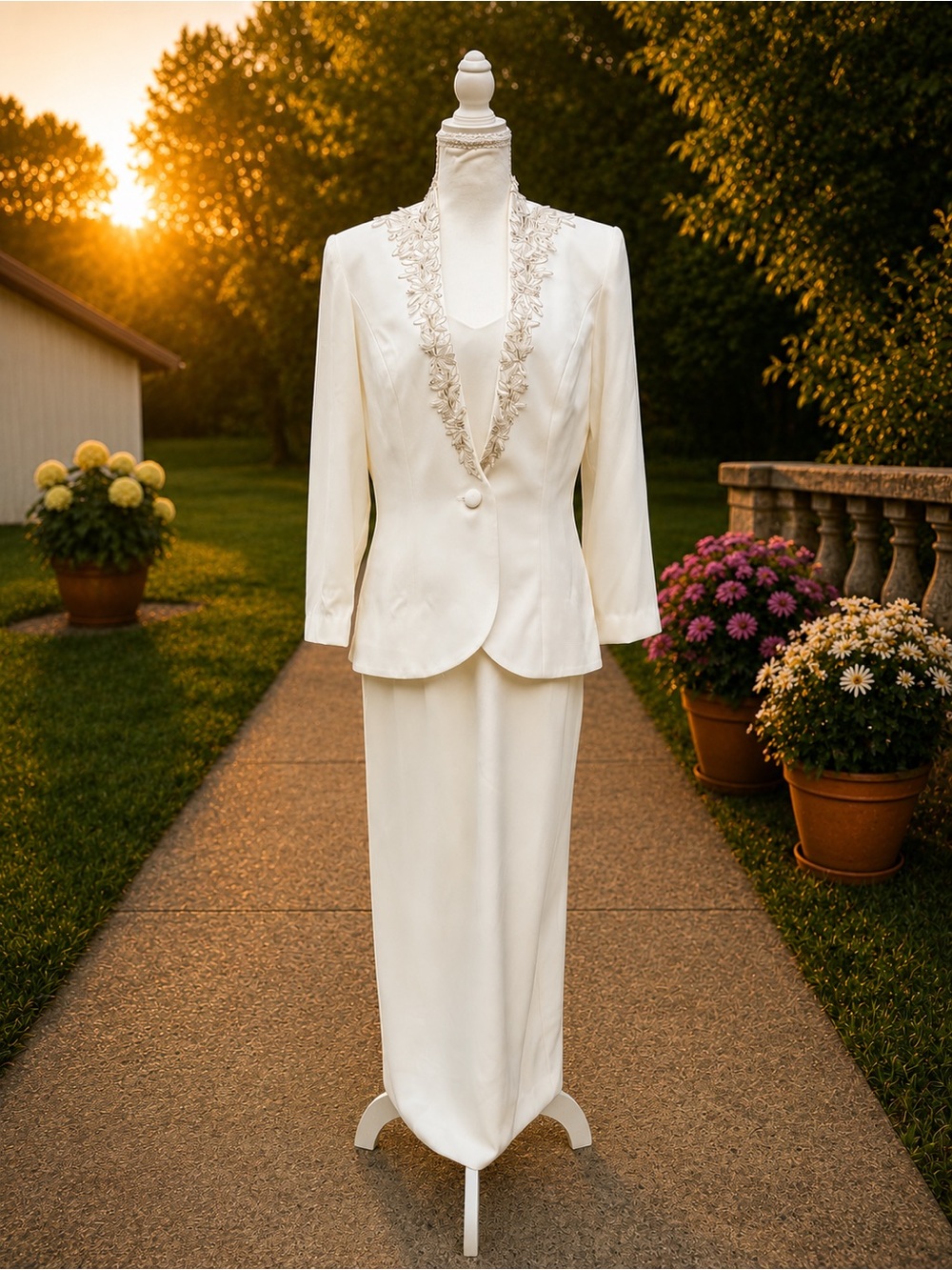 Karen Miller 90’s Vintage Cream Embroidered Blazer & Dress Set